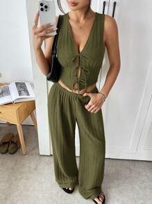 SHEIN EZwear 夏季绿色军风针织背心和裤子套装 - 軍綠色 - 查看 5