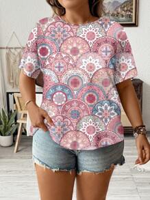 EMERY ROSE Camiseta holgada de cuello redondo con estampado floral en bloques de color, adecuada para el verano, tallas grandes