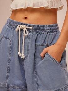 WESTFADE 中腰弹力绳抽绳腰部宽松实用口袋慢跑牛仔裤春夏度假 - 淺色水洗藍 - 查看 5