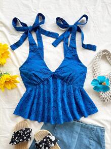 Soleia Áo ba lỗ hở lưng thêu họa tiết rỗng cổ chữ V viền bèo nhún dây đeo rộng, dễ thương cho ngày nghỉ lễ khi trở lại trường - Xanh đậm - Xem 6