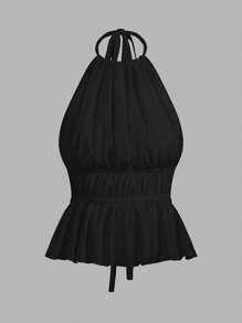 SHEIN EZwear 2pcs/Set Plus Size Women Solid Color Ruched Backless Halter Tank Top, Spring & Summer - Multicolor - View 3