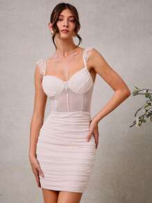 L'Amorae Elegant Romantic Bridal Wedding Party Lace Strap Ruched Mini Dress - Apricot - View 1