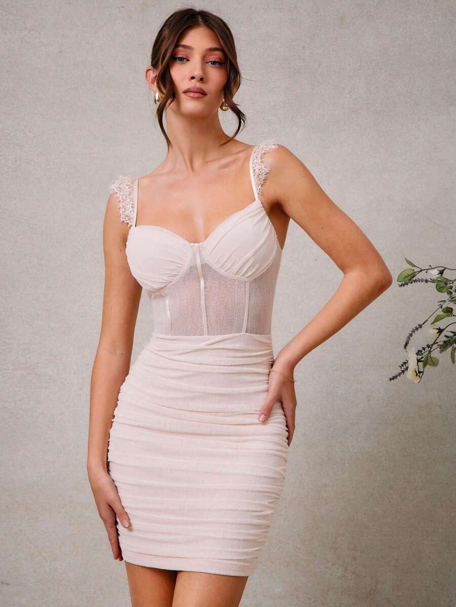 L'Amorae Elegant Romantic Bridal Wedding Party Lace Strap Ruched Mini Dress - Apricot - View 1