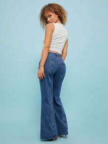 SHEIN Unity 牛仔高腰牛仔喇叭裤西部街头风秋季女装 - 中等水洗藍 - 查看 2