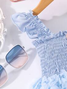 Glamorique Kids Abito elegante estivo per bambine con maniche corte a fiori e colore solido - celeste - Visualizzare 4