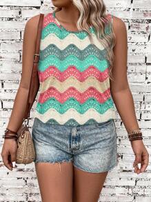 Knitting-Inspired Colorful Pattern Plus Size Casual Camisole And Tank Top, Suitable For Music Festivals, Summer - Multicolor - View 3