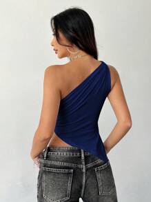 Flirla Blusa azul de verano para mujer con hombro y bajo asimétrico de unicolor simple - Agua verde azul - Ver 2