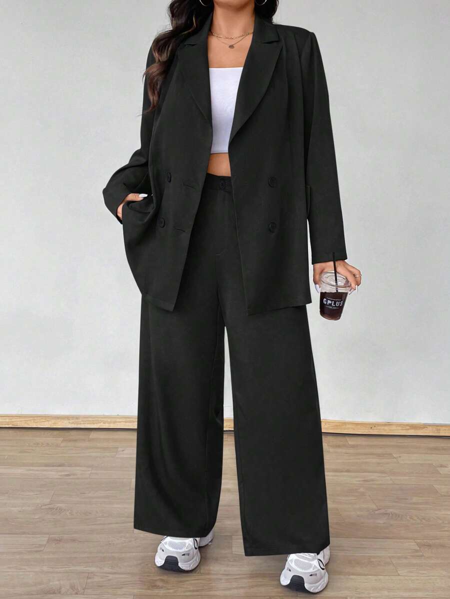 SHEIN PETITE CURVE 大码小码优雅简约休闲商务套装 - 西装外套和裤子两件套，春夏