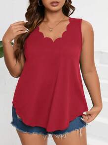 Calvaya Plus Size Women Solid Arched V-Neck Loose Casual Tank Top - Red - View 4