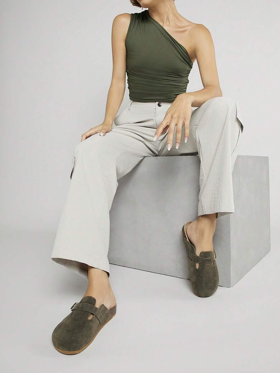 SHUZIA Sandal Selop Wanita Ujung Bulat dengan Alas Kaki Gabus dan Tali Gesper yang Dapat Diatur, Hadiah Hari Ibu - Olive Green - View 1