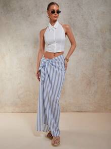 COSMINA Women's Blue And White Striped Vacation Cover Up, Woven Fabric, Long, Split Thigh Detail, Sarong - Blue and White - View 4