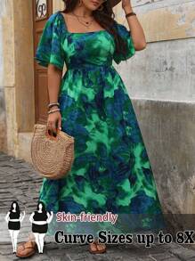 SHEIN CURVE+ 大码女式花卉印花方领荷叶边袖褶饰连衣裙