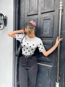 Pariaura Maglietta a maniche corte con schiena aperta, stile francese a pois, per donna, primavera/estate