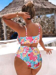 Swim Mod Plus Size Women 2pcs Random Floral Print Spaghetti Strap Racerback Bikini Swimwear Set, Casual For Sports, Swimming Pool, Beach, For Summer Vacation - Multicolor - View 2