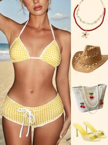 Sweetina Conjunto de traje de baño de mujer para verano con top halter y decoración anudada a juego con shorts de baño,atuendo playero de vacaciones - Mostaza Amarilla - Ver 2