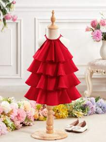 SHEIN Babygirl Cute Red Elegant Organza Mini Dress, Summer - Red - View 5