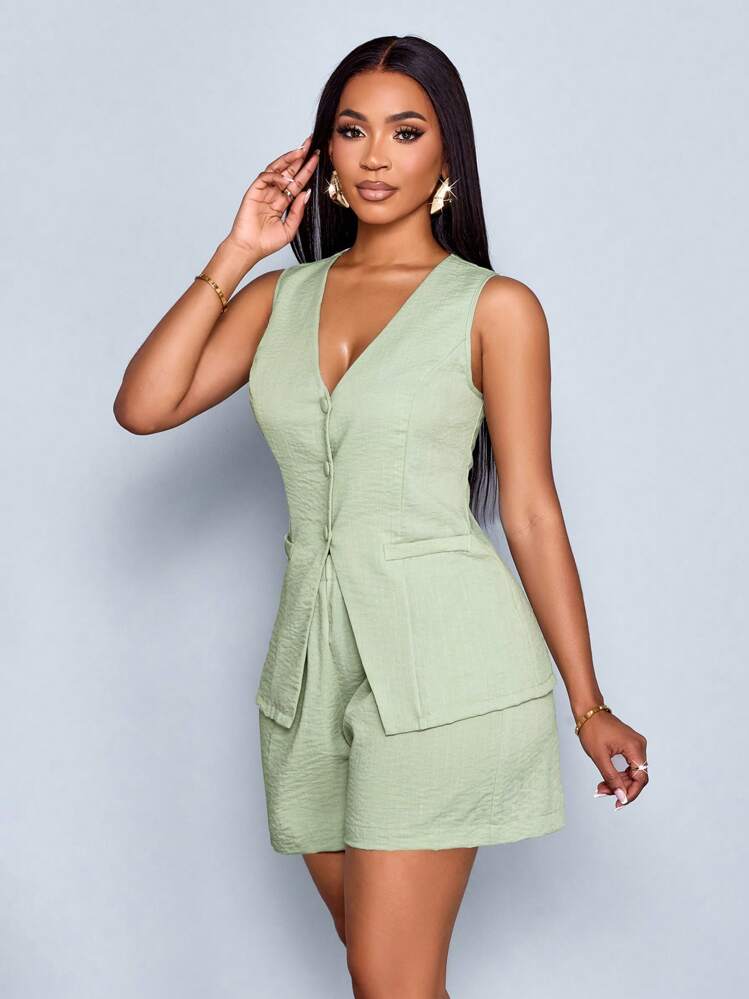 SOLERSUN Women's Solid Button Front Vest Blazer & Shorts - Green - View 4