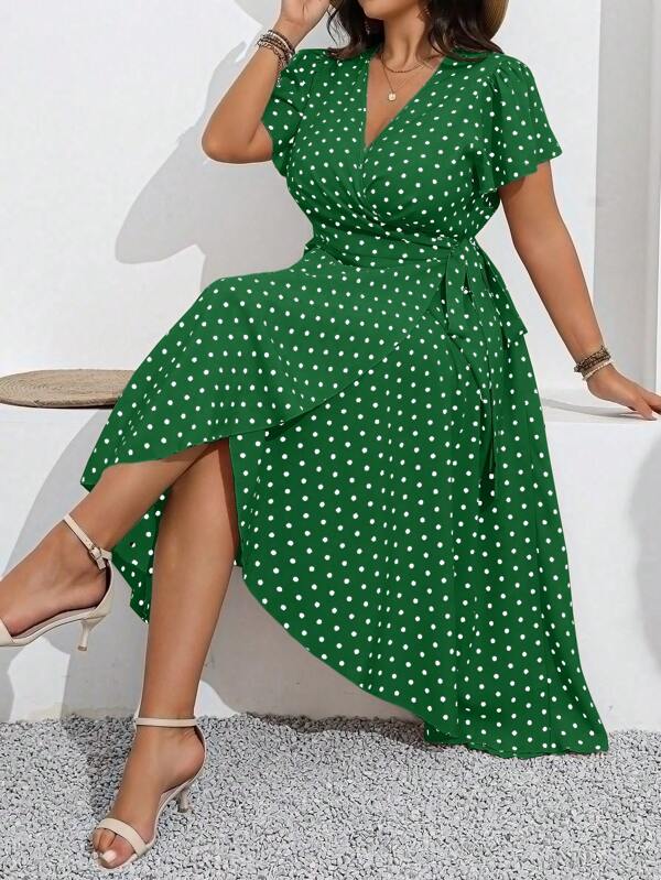 SHEIN Clasi Plus Size Women Polka Dot Ruffle Surplice Neckline Short Sleeve Elegant Dress