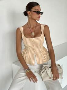 Siren Gaze 外出上衣 女士绿色格纹A字型上衣，腰部收紧，格纹衬衫，荷叶边下摆，休闲通勤，夏季吊带背心式上衣 - 黃色 - 查看 2