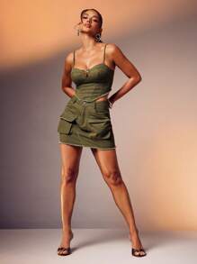 Denimoi Sexy Fryed Hem Denim Corset Top For Summer - Olive Green - View 4