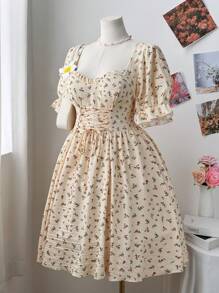 Flirla Plus Size Women Summer Elegant Ditsy Floral Tie Waist Puff Sleeve Dress