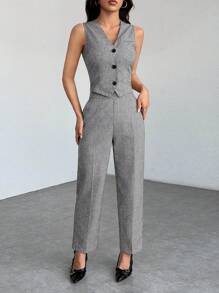 SHEIN PETITE Casual Sleeveless Open Front Vest & Loose Pants Set In Fall/Winter - Light Grey - View 3