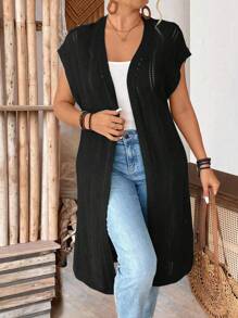 SHEIN LUNE 大码女式无袖镂空休闲长款开衫，轻盈修身，适合度假、通勤、圣帕特里克节、春夏季 - 黑色 - 查看 7