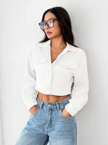 SHEIN PETITE Chaqueta corta de pana con detalle de solapa y hombros caídos para primavera, otoño/invierno, para mujeres petite - Blanco - Ver 5