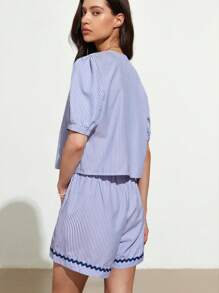 Casual & Vacation Versatile Oversized V-Neck Puff Sleeve Blouse & Loose Striped Fabric Ruffle Trim Shorts 2 Pieces Set For Women - Multicolor - View 4