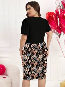 Reflora Elegant Plus Size Floral Print Dress With V Neck And Half Sleeves Bolero, Short Black Dress For Women Fall Clothes Chic Dress - Black - View 2