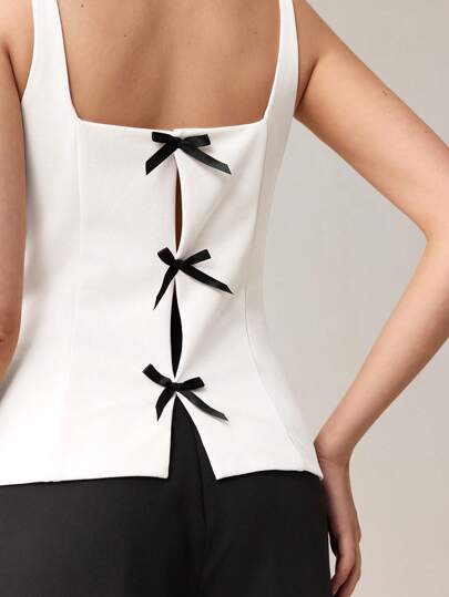 BizChic 2025 Women's Autumn Knit Top With Square Neckline, Spaghetti Straps, Bow Decor On Back, Romantic & Elegant, Versatile For Business Casual, Daily Commute, Vintage Chic