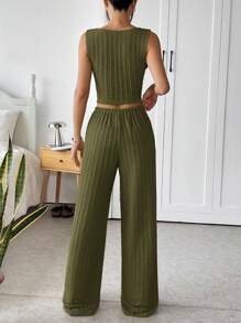 SHEIN EZwear 夏季绿色军风针织背心和裤子套装 - 軍綠色 - 查看 2