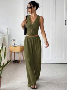 SHEIN EZwear 夏季绿色军风针织背心和裤子套装 - 軍綠色 - 查看 3