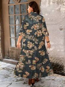 Modelyn Casual Elegant Retro Floral Pattern Plus Size Midi Dress, Suitable For Autumn/Winter - Multicolor - View 6