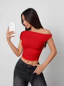 SHEIN PETITE Women's Red Knitted Casual Crop Top With Asymmetrical Neck And Short Sleeves - Red - View 1