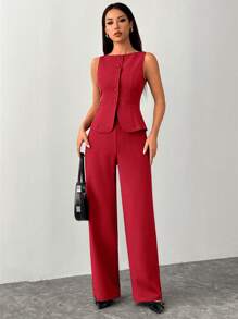SHEIN PETITE 女士纯色圆领单排扣背心和裤子优雅通勤套装，夏秋季女装女套装办公室装商务休闲女两件套秋季女装办公室装女套装女式西装套装 - 紅色 - 查看 6