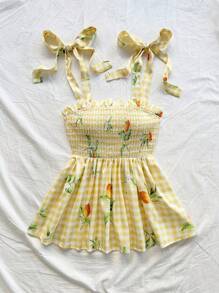 Soleia 女式夏季假期黄色格子全身柠檬印花系带荷叶边肩部下摆休闲返校衬衫 - 黃色 - 查看 4