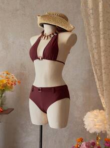 SHEIN Swim 女士夏季海滩纯色露背系带性感比基尼泳装套装 - 棕色 - 查看 3