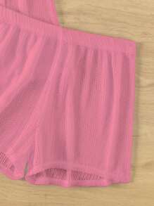 Swim Basics 2pcs/Set Women Solid Color Short Sleeve Top And Elastic Waist Shorts With Cover Up For Summer Beach Vacation - Pink - View 4