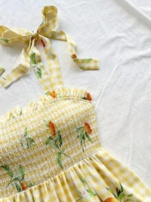 Soleia 女式夏季假期黄色格子全身柠檬印花系带荷叶边肩部下摆休闲返校衬衫 - 黃色 - 查看 3