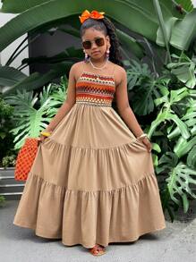 SHEIN Leap Crew Tween Girls' Holiday Casual Woven Splicing Wavy Striped Camisole Dress - Apricot - View 5