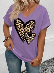 SHEIN VCAY Plus Size V-Neck Short Sleeve Turnup Cuff Leopard & Heart Print Casual T-Shirt