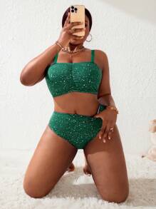 Slaydiva Plus Size Women 2Pcs Glittery Green Beach Vacation Spaghetti Strap Crop Top & Bottoms Bikini Set For Summer - Green - View 1