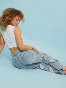 SHEIN Unity Denim Mid Rise Light Wash Back Distress Straight Jeans Concert Western Country Festival Event Pants Thanksgiving Christmas NYE New Years Eve For Women - Light Wash - View 4