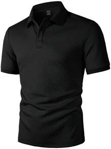 Manfinity Homme 男士紋理圖案短袖 Polo 衫，休閒時尚，適合夏季與正式場合 - 黑色 - 查看 3