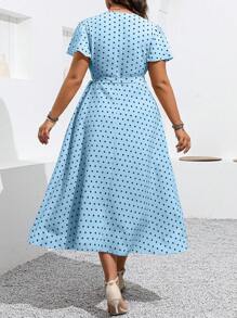 SHEIN Clasi Plus Size Polka Dot V-Neck Ruffle Sleeve Side Tied Summer Dress - Blue - View 2