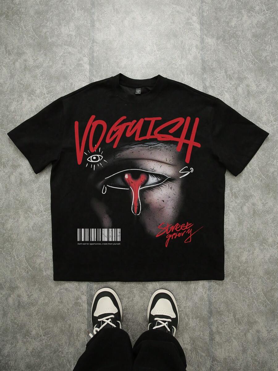 Manfinity Roghcode Camiseta negra holgada de estilo callejero con gráfico vintage desgastado y ojos rojos (Hecho de tejido), estilo urbano - Negro - Ver 1
