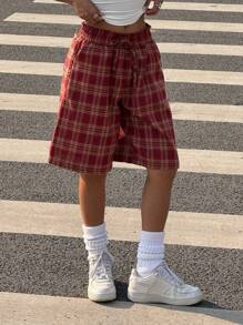 Muchica Plaid Woven Women's Elastic Waist Pockets Casual Bermuda Shorts - Red - View 4