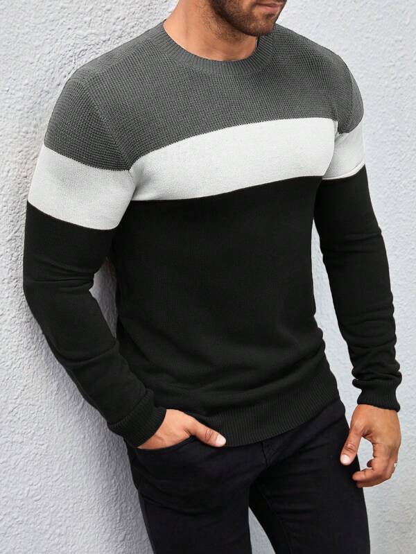Manfinity Homme Pulover casual pentru bărbați, cu gât rotund, cu mânecă lungă, de culoare contrastantă, pentru pulover de toamnă/iarnă