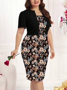 Reflora Elegant Plus Size Floral Print Dress With V Neck And Half Sleeves Bolero, Short Black Dress For Women Fall Clothes Chic Dress - Black - View 1